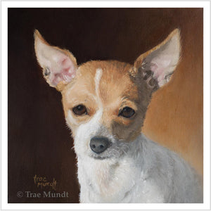   Rafael by artist Trae Mundt. Oil Painting Portrait of red and white chihuahua with brown and gold background by artist Trae Mundt.