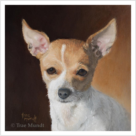   Rafael by artist Trae Mundt. Oil Painting Portrait of red and white chihuahua with brown and gold background by artist Trae Mundt.