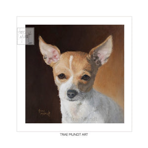 Rafael - Chihuahua - Art Print by artist Trae Mundt. Portrait painted in oil. Red and white chihuahua with black nose. 