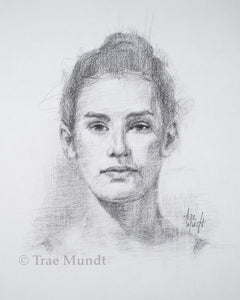 Ready, Set, Go... graphite portrait of young woman with her hair in a bun by artist Trae Mundt.