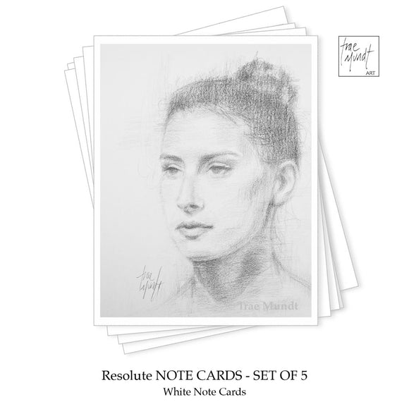 Set of five white note cards with a pencil sketch of a woman's face on a white background.