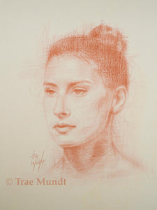 Portrait of beautiful woman with her hair in a bun made with sanguine conte pencil by artist Trae Mundt.