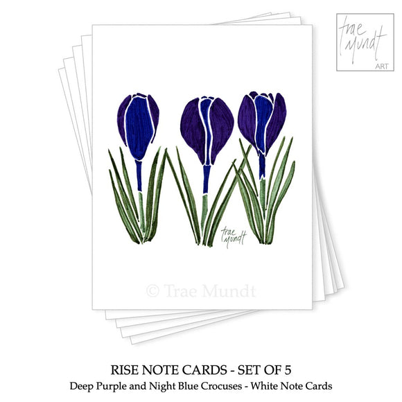 Rise - Deep Purple and Night Blue Crocuses Note Cards - Set of 5 by Trae Mundt.