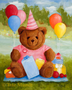 Rory, bear art print by Trae Mundt. Bearie Blvd. Bears ™ collection. Red brown bear wearing pink birthday outfit with pink striped party hat surrounded by wrapped gifts and birthday balloons.