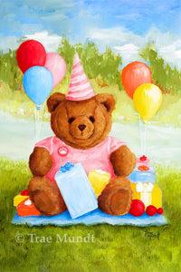 Rory - Red Brown Bear Wearing Pink Birthday Outfit with Pink Striped Party Hat Surrounded by Wrapped Gifts and Birthday Balloons - Bearie Blvd Bears® by Trae Mundt.