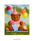 Rory, bear art print by Trae Mundt. Bearie Blvd. Bears ™ collection. Red-brown bear wearing pink birthday outfit with pink striped party hat surrounded by wrapped gifts and birthday balloons.
