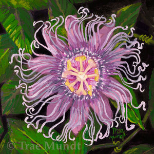 Royalty - Purple Passionflower Perennial Climbing Tendril Bearing Vine with Colorful Green Leaves Oil Painting 6x6 inches on panel with white floater frame