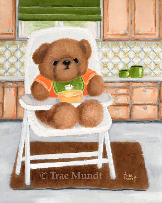 Rudy Oil Painting by artist Trae Mundt. Bearie Blvd. Bears®. Baby brown bear sitting in white highchair wearing orange tee shirt and green bib in kitchen with tile motiff on walls.