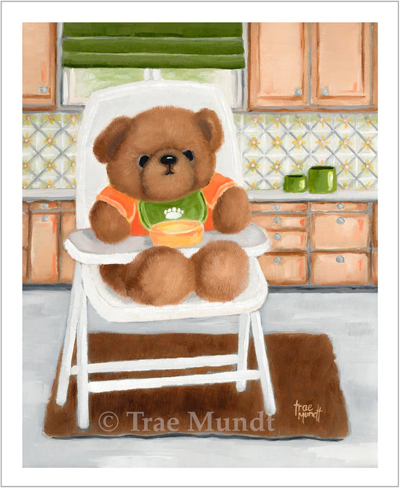 Rudy Oil Painting by artist Trae Mundt. Bearie Blvd. Bears®. Baby brown bear sitting in white highchair wearing orange tee shirt and green bib in kitchen with tile motiff on walls.