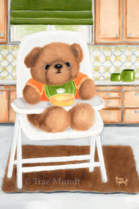 Rudy Oil Painting by artist Trae Mundt. Bearie Blvd. Bears®. Baby brown bear sitting in white highchair wearing orange tee shirt and green bib in kitchen with tile motiff on walls.