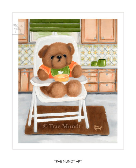 Art print of Rudy from Oil Painting by artist Trae Mundt. Bearie Blvd. Bears®. Baby brown bear sitting in white highchair wearing orange tee shirt and green bib in kitchen with tile motiff on walls