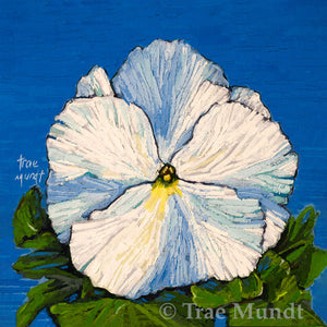 Ruffly - White Pansy with Blue, Green, and Turquoise Shadows Painting by artist Trae Mundt.