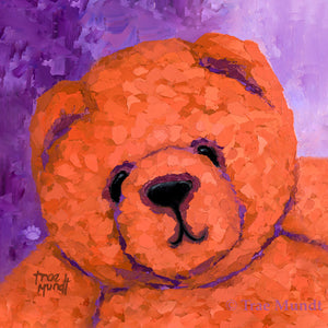 Rusty oil painting by artist Trae Mundt. Portrait painting of burnt orange bear with a purple textured background