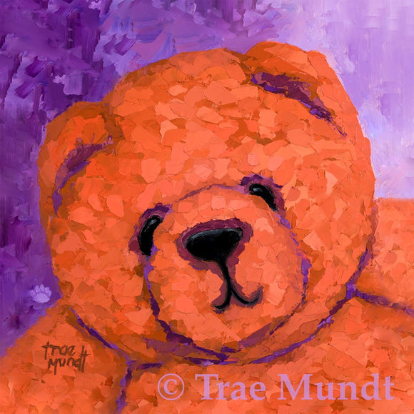 Theodora portrait oil painting of brown bear wearing tiara with jewels and diamonds. Princess bear. Background purple. Bearie Blvd. Bears® Artwork by artist Trae Mundt.