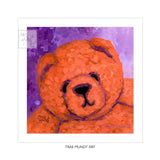Art print of Rusty oil painting by artist Trae Mundt. Portrait painting of bright orange bear with a purple textured background. Bearie Blvd. Bears®.