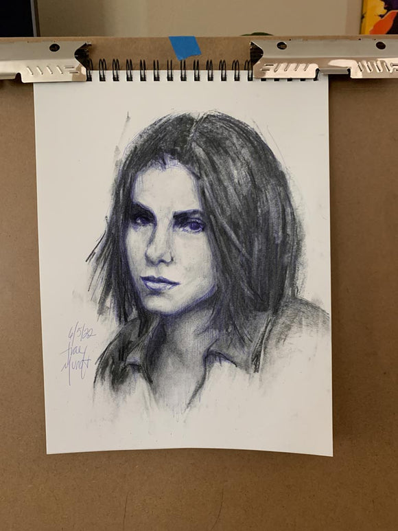 Ballpoint pen and charcoal portrait drawing of Malorie in movie Bird Box by artist Trae Mundt.Sandra Bullock.