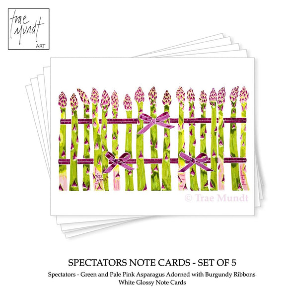 Spectators - Green and Pale Pink Asparagus Adorned with Burgundy Ribbons Note Cards - Set of 5 by Trae Mundt