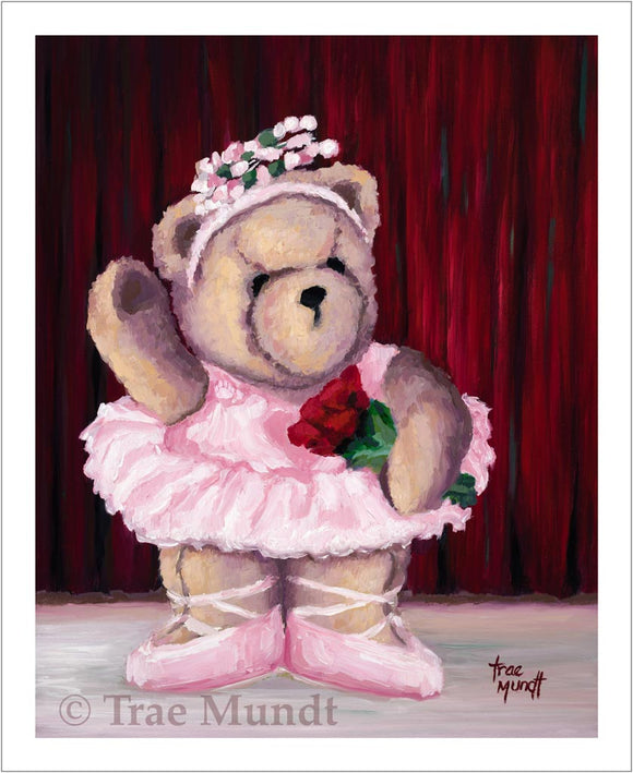 Sveta - bear art print by Trae Mundt. Bearie Blvd. Bears ™. Tan bear ballerina wearing a pink tutu holding red roses while standing on stage in front of red curtain.