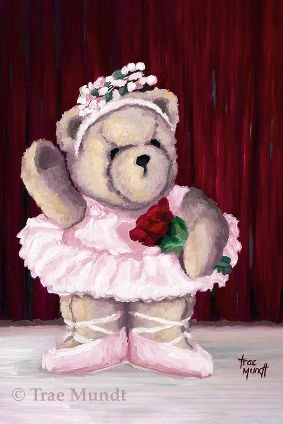 Sveta -  Tan Ballerina Bear Wearing a Pink Tutu and Pointe Shoes Holding Red Roses While Standing on Stage - Fine Art Print - Bearie Blvd. Bears® by Trae Mundt.