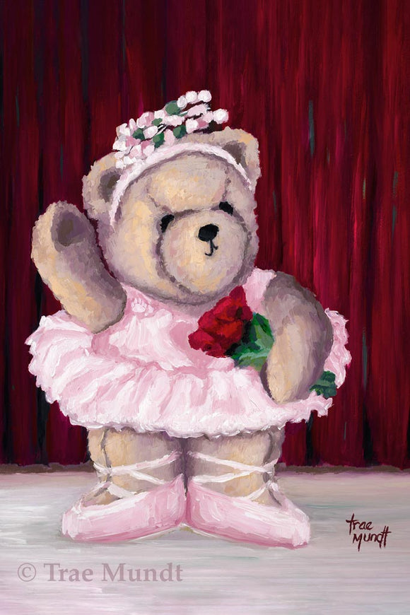 Sveta - bear art print by Trae Mundt. Bearie Blvd. Bears ™. Tan bear ballerina wearing a pink tutu holding red roses while standing on stage in front of red curtain.