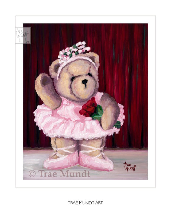 Sveta - bear art print by Trae Mundt. Bearie Blvd. Bears ™. Tan bear ballerina wearing a pink tutu holding red roses while standing on stage in front of red curtain.