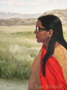 The Gift of Foresight - Woman with Long Black Hair wearing Bright Red Scarf and Reflective Black Sunglasses while Walking in the Desert Art Print by Trae Mundt.