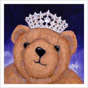 Theodora portrait oil painting of brown bear wearing tiara with jewels and diamonds. Princess bear. Background purple. Bearie Blvd. Bears® Artwork by artist Trae Mundt.