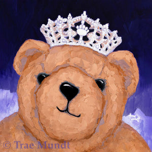 Theodora portrait oil painting of brown bear wearing tiara with jewels and diamonds. Princess bear. Background purple. Bearie Blvd. Bears® Artwork by artist Trae Mundt.