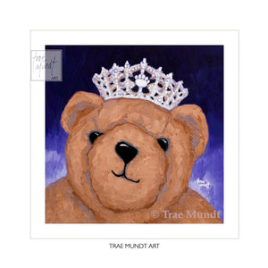 Art print of Theodora by artist Trae Mundt. Portrait oil painting of brown bear wearing tiara with diamonds. Princess teddy bear. Background purple. Bearie Blvd. Bears®