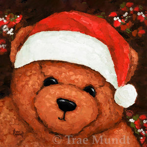 Timmy oil painting by artist Trae Mundt. Portrait of a red brown bear wearing a red and white santa hat. The background is dark brown with holly leaves branches and berries.