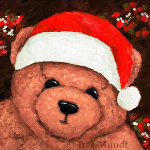 Timmy - Reddish Brown Bear wearing Santa Hat with Brown Background adorned with Holly Sprigs - Fine Art Print - Bearie Blvd. Bears®