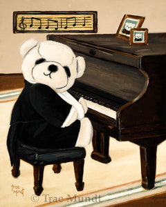Tozzi oil painting by artist Trae Mundt. Bearie Blvd. Bears®. White bear wearing tuxedo sitting in front of brown piano. Jesus loves me music score on wall. Pics of his bear relatives on piano.