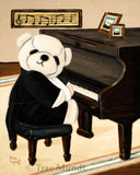 Art print of Tozzi oil painting by artist Trae Mundt. Bearie Blvd. Bears®. White bear wearing tuxedo sitting in front of brown piano. Jesus loves me music score on wall. Pics of his bear relatives on piano.