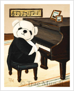 Tozzi oil painting by artist Trae Mundt. Bearie Blvd. Bears®. White bear wearing tuxedo sitting in front of brown piano. Jesus loves me music score on wall. Pics of his bear relatives on piano.