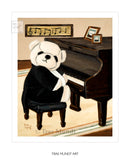Art print of Tozzi oil painting by artist Trae Mundt. Bearie Blvd. Bears®. White bear wearing tuxedo sitting in front of brown piano. Jesus loves me music score on wall. Pics of his bear relatives on piano.