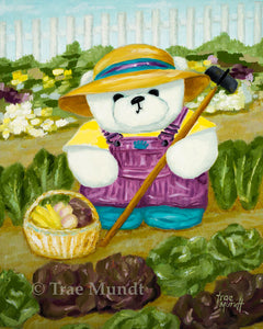 Tula - art print by Trae Mundt. Bearie Blvd. Bears ™. White bear wearing purple striped overalls and yellow t-shirt and straw hat working in her garden of vegetables and flowers surrounded by white picket fence.