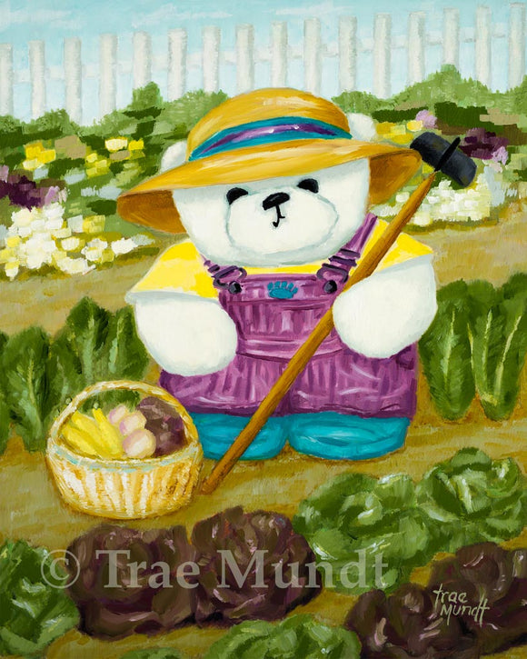 Tula - art print by Trae Mundt. Bearie Blvd. Bears ™. White bear wearing purple striped overalls and yellow t-shirt and straw hat working in her garden of vegetables and flowers surrounded by white picket fence.