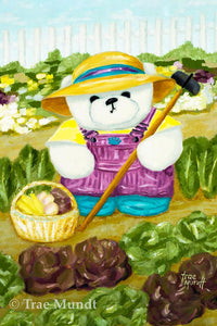 Tula - White Bear Working in Her Garden of Flowers and Vegetables Wearing Magenta Overalls and Straw Hat Holding Wooden Hoe - Bearie Blvd Bears® art print by Trae Mundt.