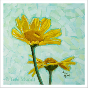 Two Cute - Two Golden Yellow Daisies with Background of Pale Turquoise, Blue, and Green Limited Edition Giclee Art Print by Trae Mundt.