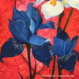 Vivere - Two Blue Iris Flowers and One White Lily in Navy Colored Pot with Crimson Red and Light Blue Flowers with Background Red-Salmon Tiled Geometric Design - Limited Edition Giclee Art Print