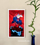 Vivere - Two Blue Iris Flowers and One White Lily in Navy Colored Pot with Crimson Red and Light Blue Flowers with Background Red-Salmon Tiled Geometric Design - Giclee Art Print