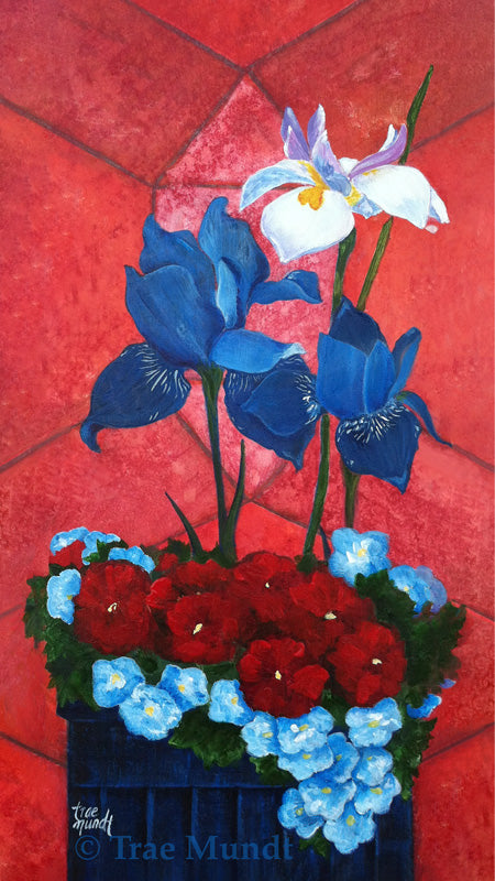 Vivere Acrylic Painting by Artist Trae Mundt. Two Blue Iris Flowers and 1 White Iris Flower planted in navy colored pot with crimson red and light blue low growing flowers. Background salmon tiled geometric design.