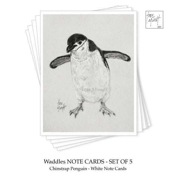 Set of five note cards with a chinstrap penguin illustration on a white background.