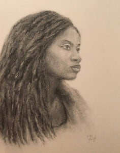 Pencil and Charcoal portrait of african american black woman long hair with dreadlocks gazing and waiting by artist Trae Mundt.