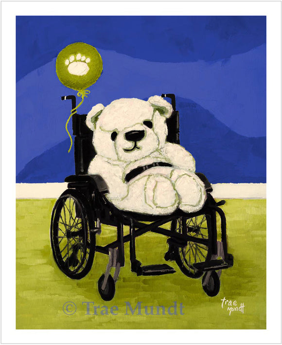 Wellington - Light Cream Bear in Black Wheelchair Buckled in with Black and Blue Seatbelt Showing his Favorite Balloon Sitting in Room with Two-Toned Royal Blue Wave Wall Design and Yellow-Green Carpet - Fine Art Print - Bearie Blvd. Bears®