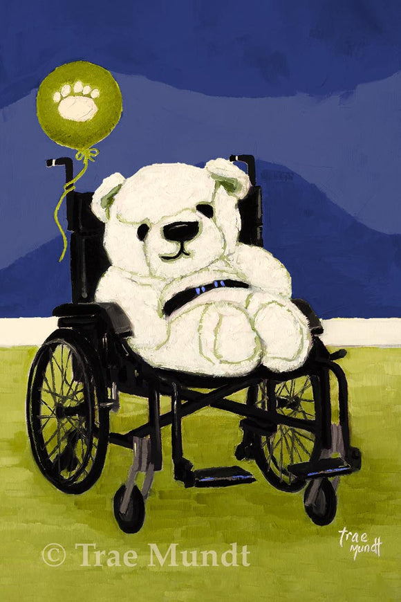 Wellington - Light Cream Bear in Black Wheelchair Buckled in with Black and Blue Seatbelt Showing his Favorite Balloon Sitting in Room with Two-Toned Royal Blue Wave Wall Design and Yellow-Green Carpet - Fine Art Print - Bearie Blvd. Bears® by Trae Mundt.