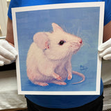 Whiskers - White Mouse with Blue Background - Limited Edition Giclee Art Print by Trae Mundt.