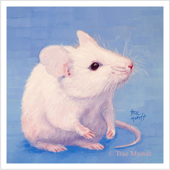 Whiskers - White Mouse with Blue Background - Limited Edition Giclee Art Print by Trae Mundt.
