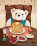 Wilbur, cream colored bear art print by Trae Mundt. Bearie Blvd. Bears ™. Cream-White bear with red bow tie having pancakes with butter and bacon and berries.
