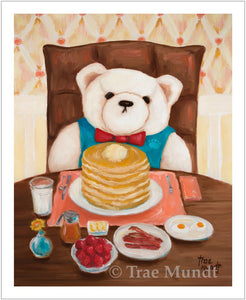Wilbur, bear art print by Trae Mundt. Bearie Blvd. Bears ™. White bear with red bow tie having pancakes with butter and bacon and berries.